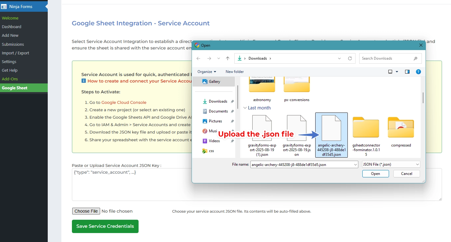 Service Account Setting Pro Version – Google Sheet Connector Connect the Service Account in Elementor GSheetConnector Pro - Upload Json file