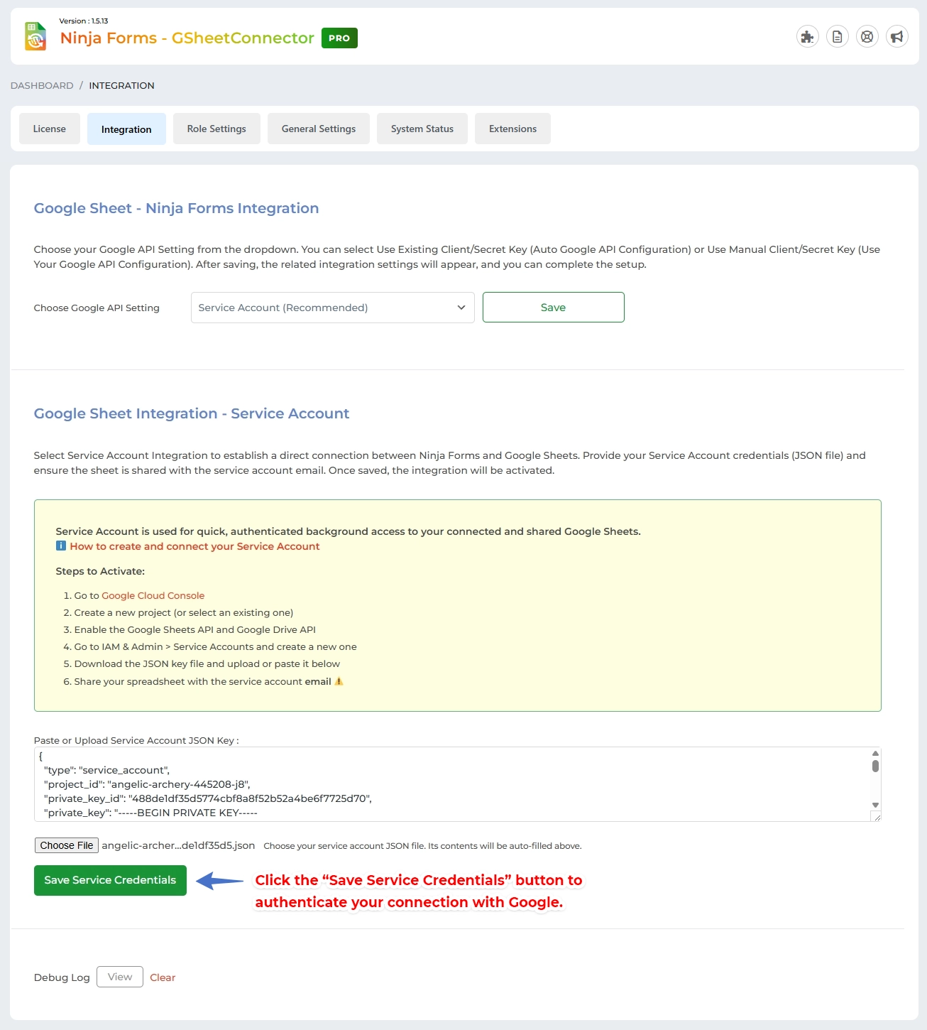 Service Account Setting Pro Version – Google Sheet Connector Authentication Method - Service Account
