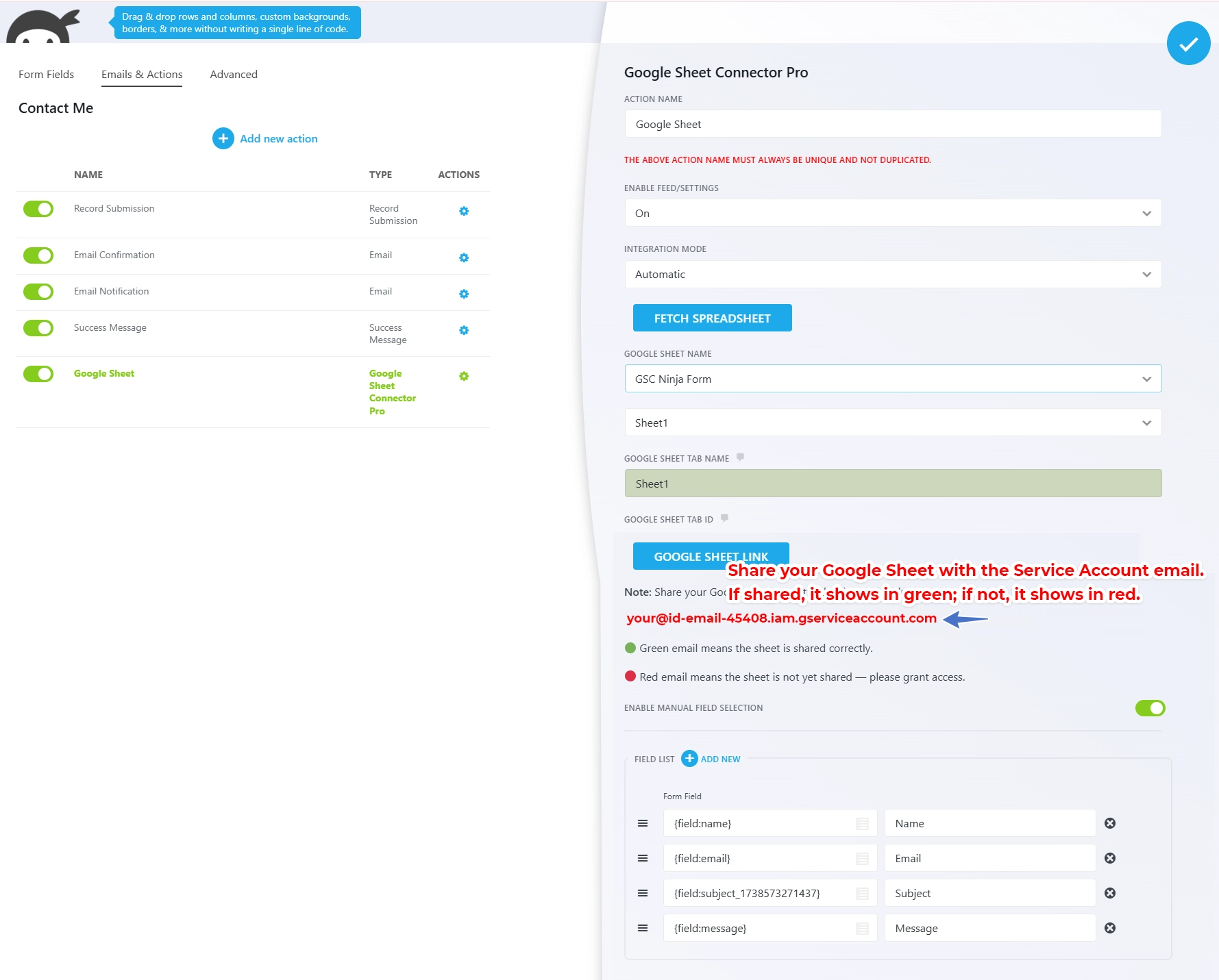 Service Account Setting Pro Version – Google Sheet Connector Google Sheet Connector Elementor Form - Edit - Delete - Rename Feed