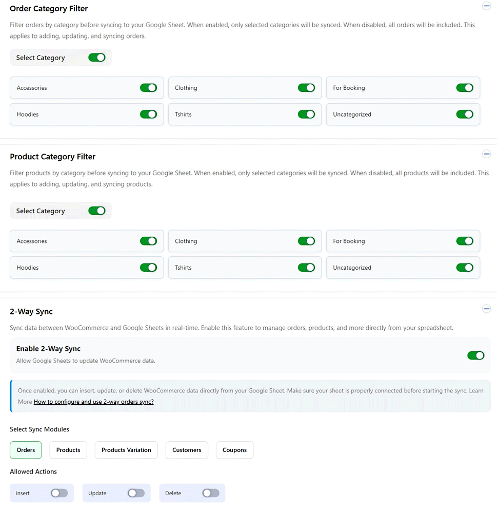 WooCommerce Google Sheets column, header and category filter settings WooCommerce Google Sheets column, header and category filter settings