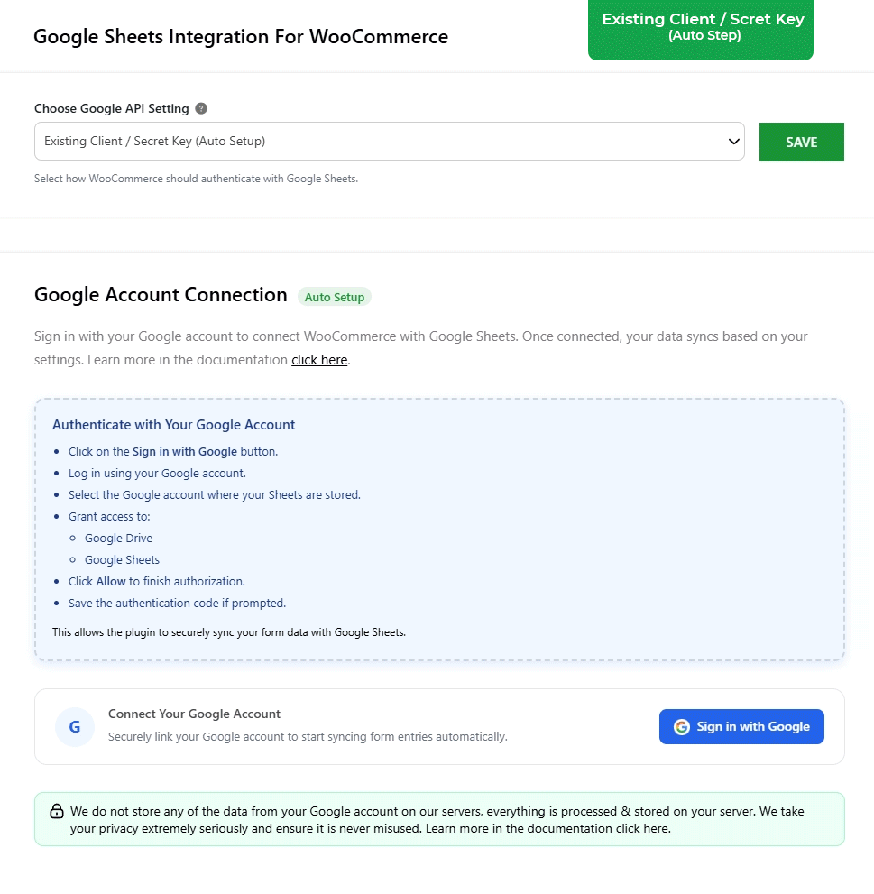 WooCommerce Google Sheets Connection Methods WooCommerce Google Sheets connection setup with Existing, Manual API and Service Account authentication