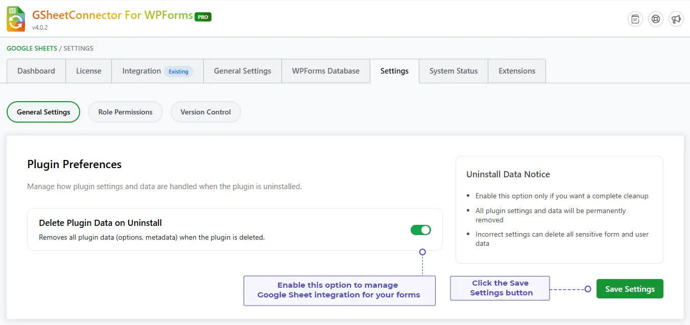 WPForms GSheetConnector PRO General Settings tab with Delete Plugin Data on Uninstall option