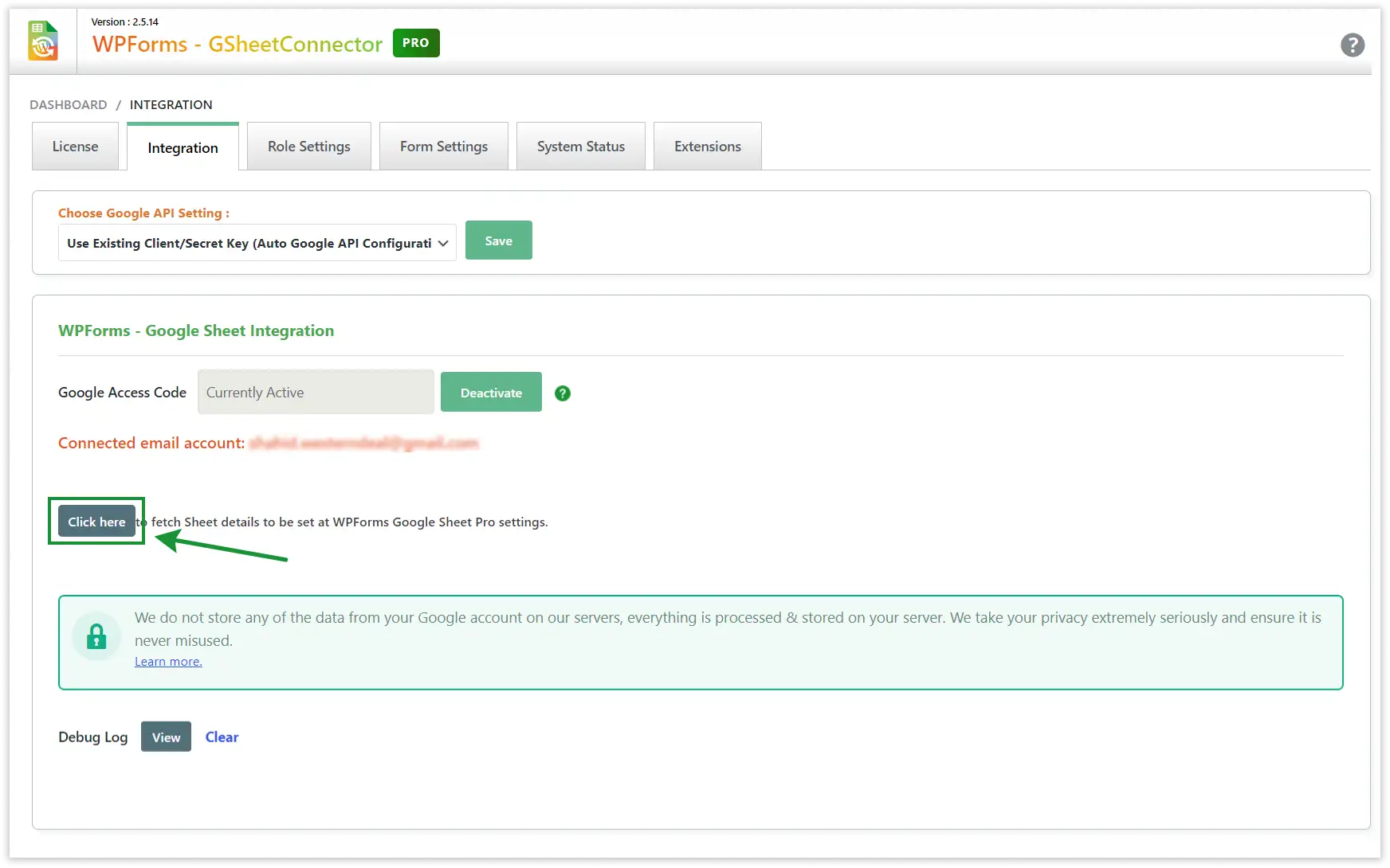WPForms Google Sheet Connector PRO settings dashboard