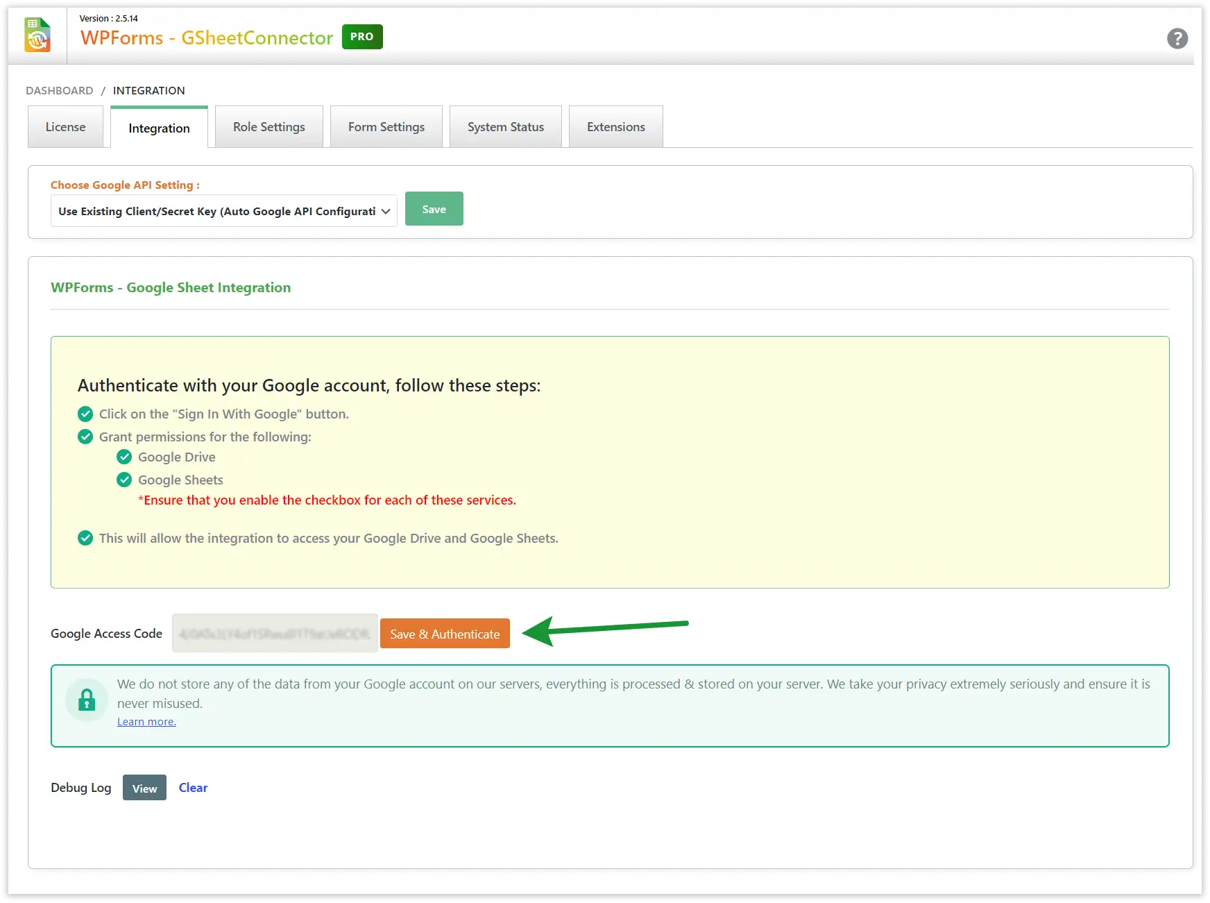 WPForms Google Integration settings screen